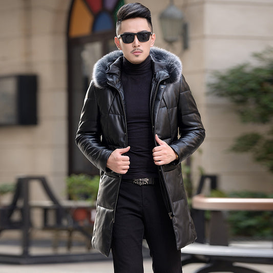 2020 winter new Haining leather down jacket men and long section hooded silver fox fur collar Korean version of the slim outer casing